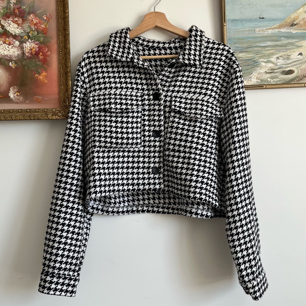 Black and White Houndstooth Cropped Jacket